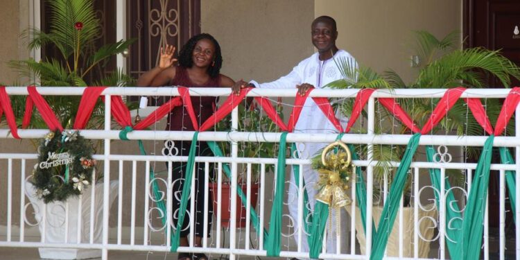 Decorated balcony with Christmas decorations.