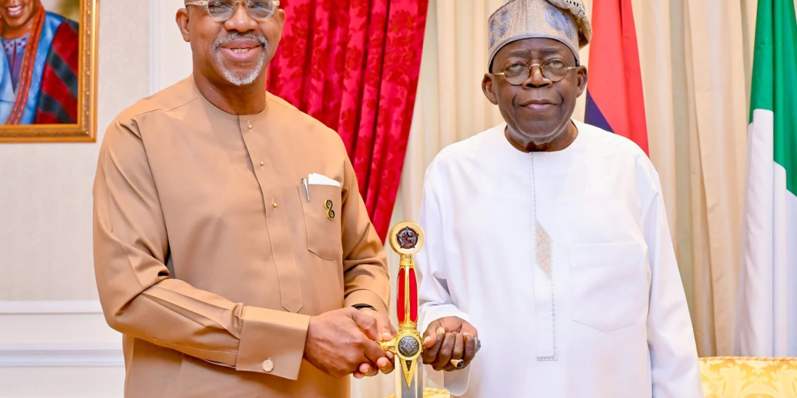 Dapo Abiodun Presents Ceremonial Sword to Bola Ahmed Tinubu, Urges Sustained War on Crime